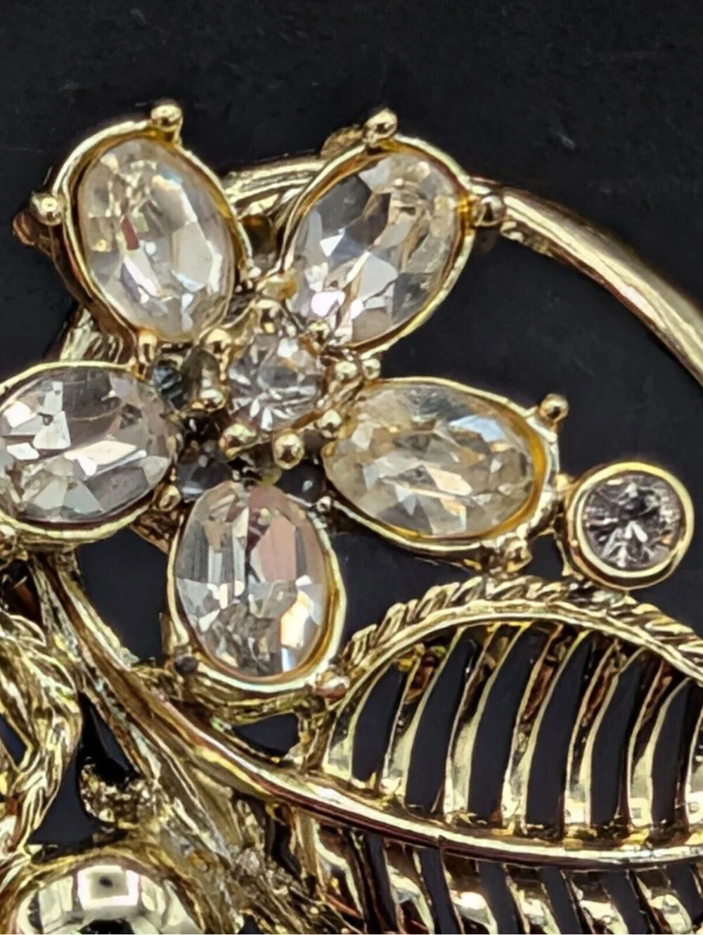 Flower Brooch Clear Rhinestone Floral Leaf Pin 1.75